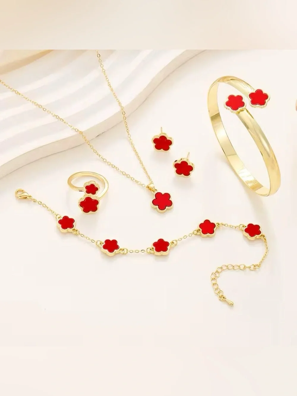 Gold Red Clover Pendant Necklace and Earring Set